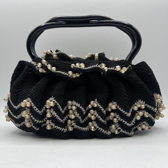 Vintage Hand Crocheted Beaded Purse 9" Lucite Handle Black Silver Hard Bottom - Picture 3 of 8